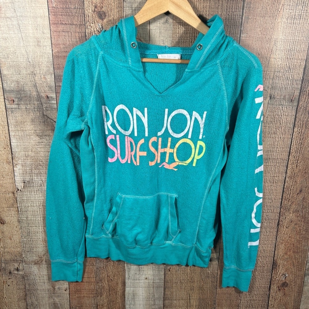 Ron Jon Surf Shop Hoodie Medium Teal Distressed Graphic Beach Pullover Y2K